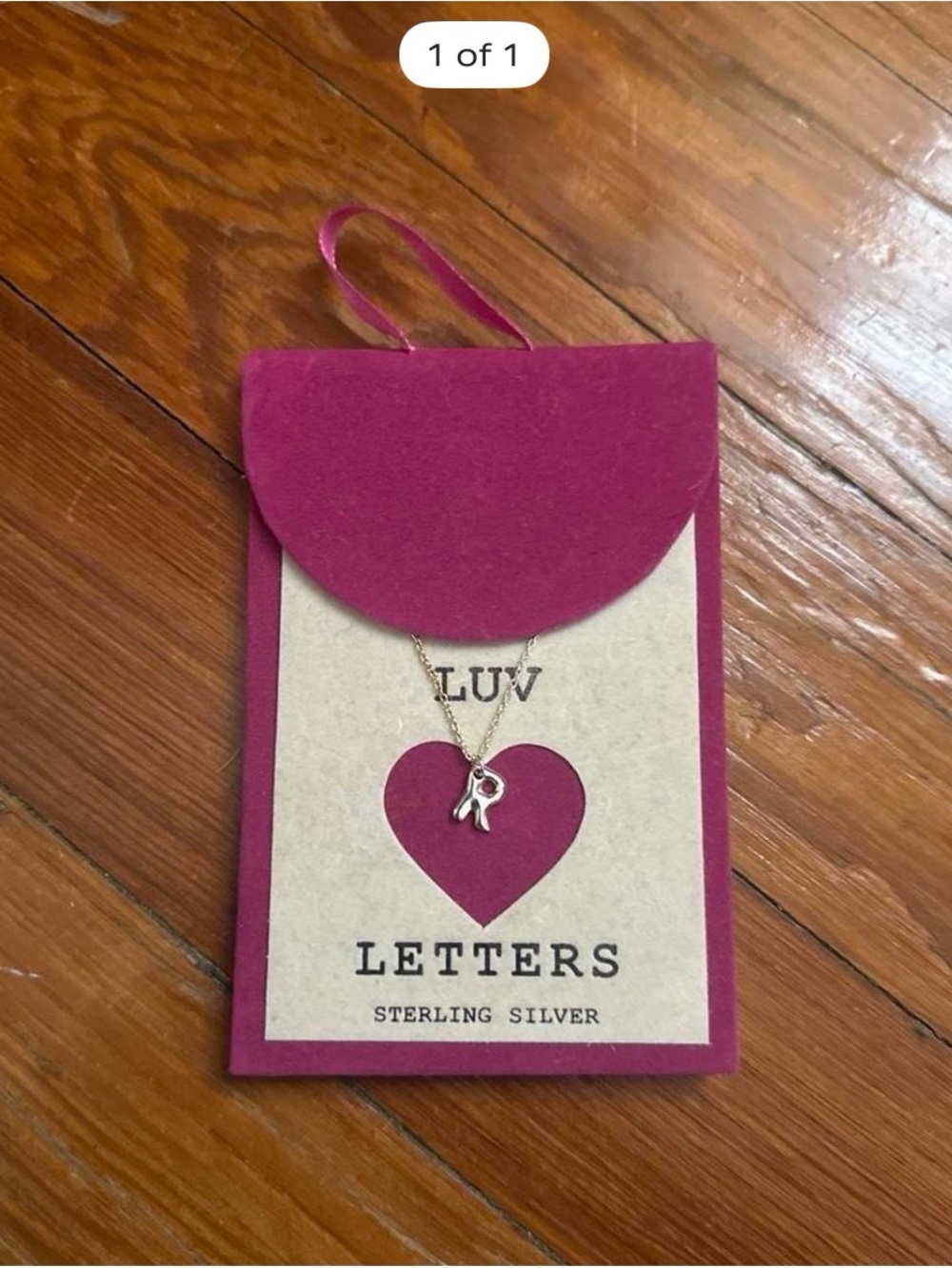 Sterling Silver 'R' Initial Necklace - Pink Card